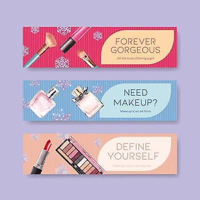 EPS 해외이미지 배너 분홍색 일러스트 사람없음 화장 화장품 립스틱 화려 향수 마스카라 메이크업브러쉬 섀도우팔레트 해외일러스트 컬러 컨셉 뷰티 붓 파일형식 벡터 이미지허브