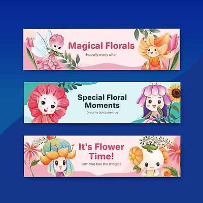 EPS 해외이미지 식물 캐릭터 배너 꽃잎 꽃 분홍색 일러스트 요정 미소 사람없음 초록색 공상 꽃의요정 해외일러스트 일러캐릭터 컬러 표정 파일형식 벡터 이미지허브