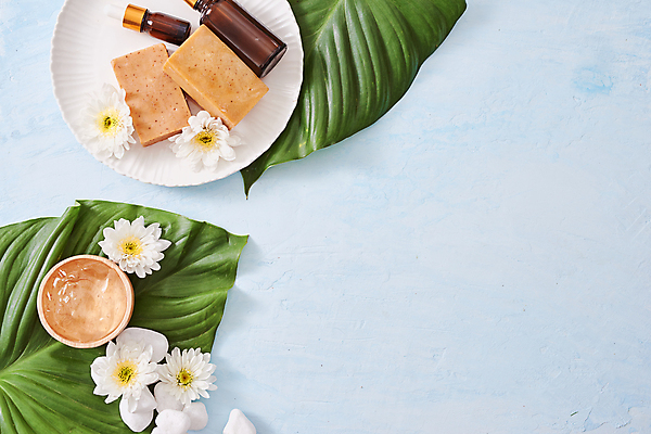 포토 JPG 해외이미지 접시 꽃 실내 사람없음 뷰티 스파 피부관리 파란배경 스파용품 앰플 열대잎 천연비누 카피스페이스 알로에베라 알로에젤 해외포토 식물 식기 백그라운드 잎 내부 파란색 화장품 공백 오브젝트 비누 알로에 젤 파일형식 이미지허브