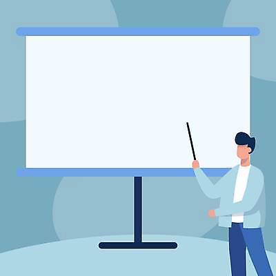 EPS 해외이미지 남자 백그라운드 일러스트 프레임 한명 들기 성인 파란색 교사 교수 칠판 공백 가리킴 발표 가르침 플랫 화이트보드 지시봉 롤스크린 세미나 얼굴없음 카피스페이스 해외일러스트 직업 1 교육 컬러 모션 사람 손짓 스크린 파일형식 벡터 이미지허브
