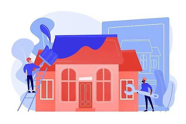 EPS 해외이미지 디자인 남자 분홍색 컨셉 일러스트 노동자 주택 들기 성인 두명 파란색 공구 스패너 페인트칠 플랫 수리 레이아웃 페인트붓 리모델링 업그레이드 얼굴없음 성인남자만 해외일러스트 직업 컬러 모션 페인팅 사람 건물 도구 붓 남자만 성인만 파일형식 벡터 이미지허브