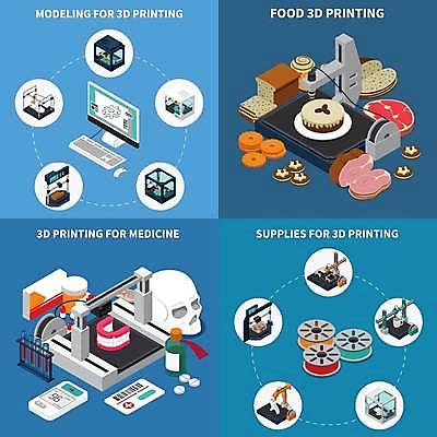EPS 해외이미지 산업 일러스트 의료기기 사람없음 파란색 컴퓨터 세트 3D 인포그래픽 장비 다양 공구 인쇄 시험관 아이소메트릭 틀니 음식모형 프로젝트 해골모형 3D프린터 해외일러스트 컬러 다수 의학 실험기구 전자제품 모형 도구 치아 인쇄기 디지털합성 파일형식 벡터 이미지허브
