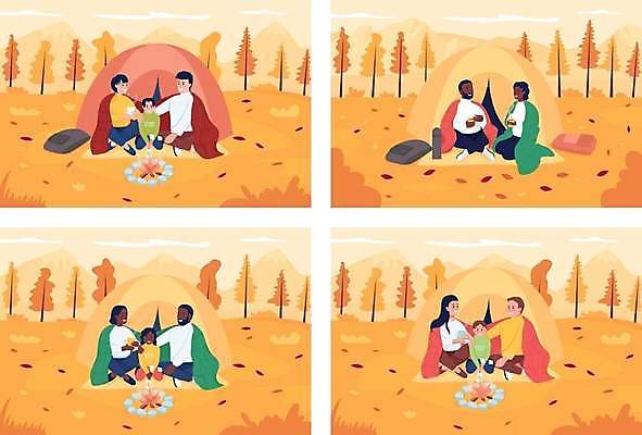 EPS 해외이미지 여자 남자 어린이 낙엽 가방 일러스트 가족 단풍나무 가족여행 산 텐트 들기 앉기 소년 여러명 성인 세트 주황색 캠핑 머그컵 모닥불 담요 돗자리 마시멜로우 텀블러 해외일러스트 나무 잡화 컬러 여행 다수 단풍 잎 관계 모션 불 레저 디저트 캠핑도구 사람 컵 파일형식 벡터 이미지허브