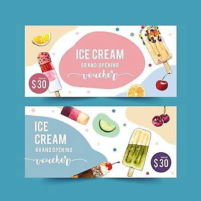 EPS 해외이미지 영어 분홍색 일러스트 아이스크림 타이포그라피 사람없음 파란색 체리 티켓 상품권 막대아이스크림 해외일러스트 문자 컬러 과일 디저트 파일형식 벡터 이미지허브