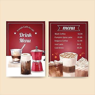 EPS 해외이미지 커피 리플렛 일러스트 수채화 사람없음 컵 빨간색 카페 메뉴 메뉴판 카푸치노 에스프레소 라떼 모카 카페인 모카포트 해외일러스트 식기 음료 컬러 주전자 상점 파일형식 벡터 이미지허브