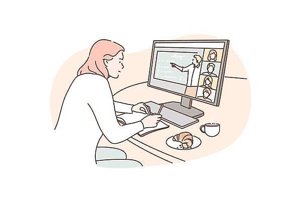 EPS 해외이미지 여자 의자 일러스트 비즈니스 한명 앉기 상반신 성인 학습 모니터 기록 커피잔 크루아상 온라인강의 성인여자한명만 해외일러스트 1 교육 커피 빵 가구 모션 잔 사람 컴퓨터 강의 여자한명만 성인여자만 파일형식 벡터 언택트 이미지허브