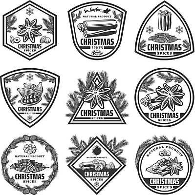 EPS 해외이미지 일러스트 사람없음 세트 라벨 견과류 원형 삼각형 심볼 향신료 솔방울 솔잎 방패모양 시나몬스틱 카리스마 카카오 팔각회향 해외일러스트 모양 도형 컨셉 잎 프레임 방패 시나몬 향미료 파일형식 벡터 이미지허브