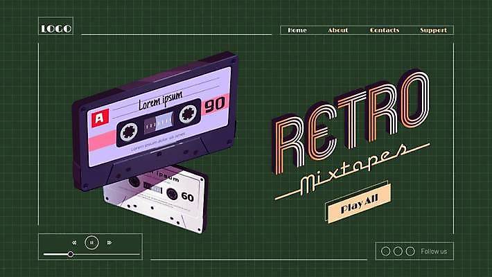 EPS 해외이미지 음악 백그라운드 일러스트 사람없음 초록색 카세트테이프 복고 아날로그 해외일러스트 컬러 문화예술 파일형식 벡터 이미지허브