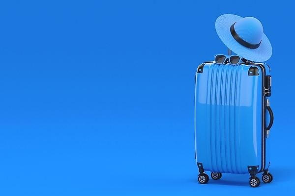 포토 JPG 해외이미지 여행 휴가 사람없음 파란색 3D 캐리어 출발 밀짚모자 수화물 카피스페이스 해외포토 모자_잡화 컬러 컨셉 여행가방 공백 디지털합성 파일형식 이미지허브