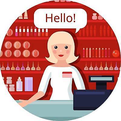 EPS 해외이미지 여자 말풍선 일러스트 선반 한명 상반신 성인 빨간색 뷰티 화장품 인사 화려 계산대 직원 포스기 성인여자한명만 해외일러스트 1 컬러 가구 컨셉 사람 기계 예절 여자한명만 성인여자만 파일형식 벡터 이미지허브