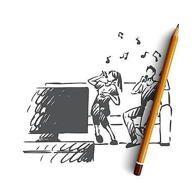 EPS 해외이미지 전신 커플 여자 남자 음악 컨셉 일러스트 노래 앉기 성인 두명 소파 텔레비전 스케치 마이크 즐거움 손그림 노래방 얼굴없음 성인만 해외일러스트 감정 음향기기 의자 관계 모션 문화예술 미술 사람 전자제품 파일형식 벡터 이미지허브