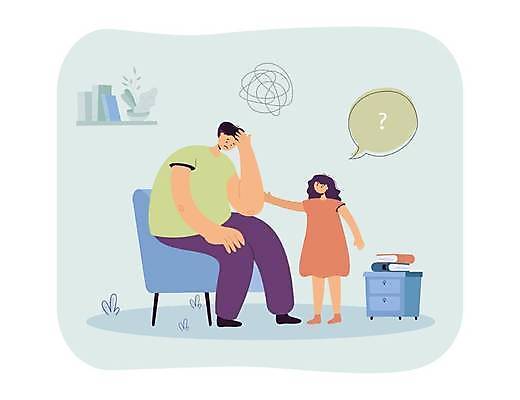 EPS 해외이미지 전신 여자 남자 딸 어린이 하늘색 말풍선 의자 일러스트 피곤 서기 앉기 상반신 성인 두명 책 물음표 아빠 손짚기 부녀 해외일러스트 기호 가구 컨셉 가족 모션 사람 손짓 파란색 파일형식 벡터 이미지허브