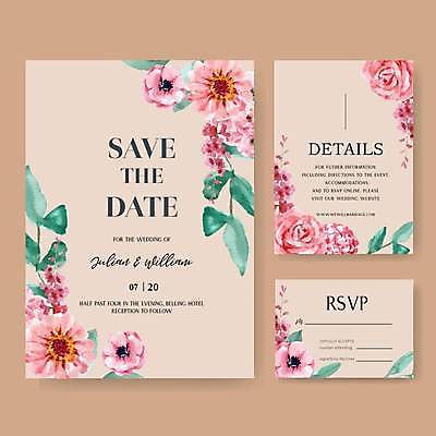 EPS 해외이미지 꽃 분홍색 결혼 잎 카드템플릿 일러스트 사람없음 청첩장 초대장 초대 감성 해외일러스트 식물 템플릿 컬러 컨셉 카드_감사 이벤트 파일형식 벡터 이미지허브