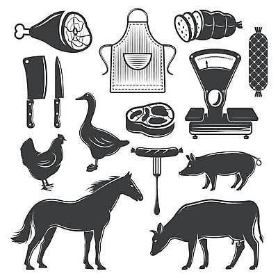 EPS 해외이미지 포크 여러마리 일러스트 저울 육류 사람없음 앞치마 닭 말_동물 돼지 소시지 나이프 젖소 햄 거위 식칼 해외일러스트 식기 다수 식재료 포유류 조류 주방용품 소 가공식품 칼 파일형식 벡터 이미지허브