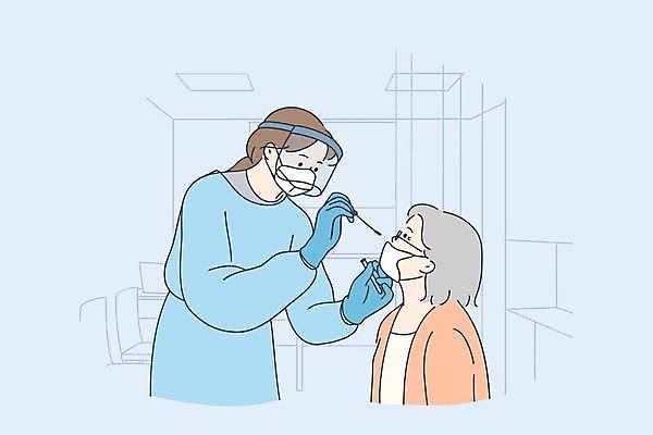 EPS 해외이미지 여자 노년 일러스트 마스크 들기 상반신 성인 두명 의료진 여자만 코로나바이러스 방호복 검진키트 PCR검사 해외일러스트 직업 옷 의학 모션 사람 의료용품 바이러스 검사_조사 파일형식 벡터 이미지허브