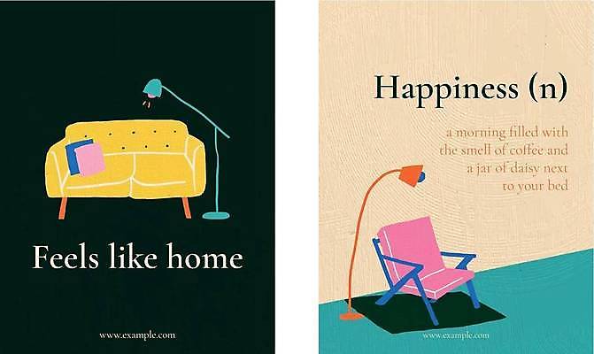 EPS 해외이미지 포스터 쿠션 의자 일러스트 타이포그라피 사람없음 인테리어 소파 검은색 스탠드 복고 베이지색 해외일러스트 문자 디자인 컬러 가구 조명 파일형식 벡터 이미지허브