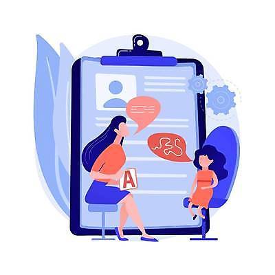 EPS 해외이미지 전신 알파벳 여자 어린이 말풍선 의자 일러스트 말하기 대화 들기 앉기 성인 두명 치료 장애 서류판 여자만 해외일러스트 영어 가구 의학 모션 사람 사무용품 파일형식 벡터 이미지허브