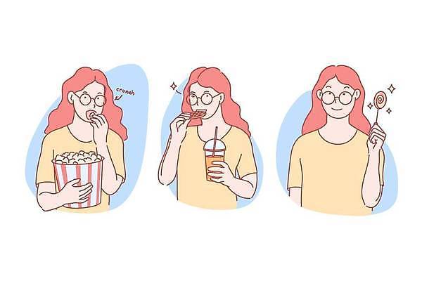 EPS 해외이미지 행복 안경 일러스트 디저트 막대사탕 사탕 들기 상반신 성인 세명 쿠키 잡기 먹기 만족 팝콘 성인여자만 맛있는 해외일러스트 잡화 감정 음식 모션 사람 여자만 성인만 파일형식 벡터 이미지허브
