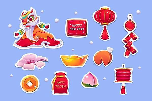 EPS 해외이미지 꽃 하늘색 스티커 일러스트 새해 중국문화 폭죽 사람없음 빨간색 세트 주머니 금화 복숭아 엽전 사자탈 중국등 포춘쿠키 홍등 해외일러스트 식물 동양문화 컬러 외국문화 과일 조명 파란색 쿠키 동전 등불 황금 탈 파일형식 벡터 이미지허브