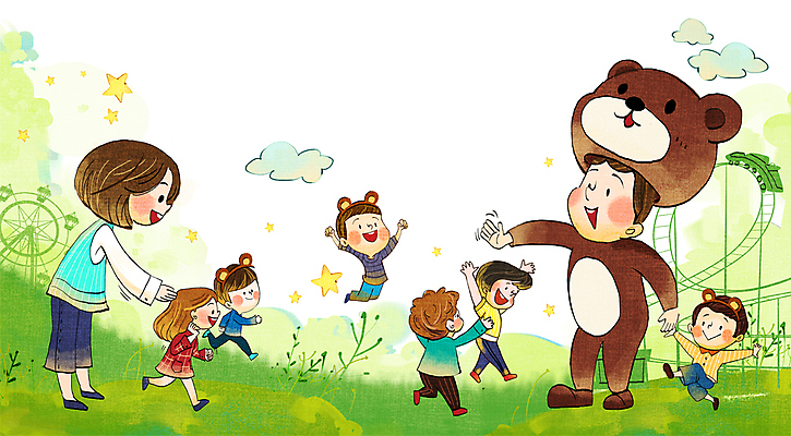 전신 PSD 구름 여자 남자 별 어린이 일러스트 엄마 함께함 소녀 소년 여러명 성인 달리기 점프 만세 놀이공원 머리띠 즐거움 손인사 대관람차 아르바이트 롤러코스터 놀기 동물탈 인형탈 국내일러스트 자연요소 감정 다수 컨셉 장신구 가족 모션 사람 테마파크 인사 놀이기구 탈 파일형식