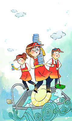 전신 PSD 구름 그릇 접시 여자 남자 하늘색 유니폼 일러스트 서기 들기 성인 세명 쌓기 앞치마 거품 설거지 청소도구 청소 종업원 직원 싱크대 아르바이트 대걸레 성인만 안경낌 국내일러스트 자연요소 직업 식기 옷 안경 가사 모션 사람 파란색 도구 개수대 파일형식