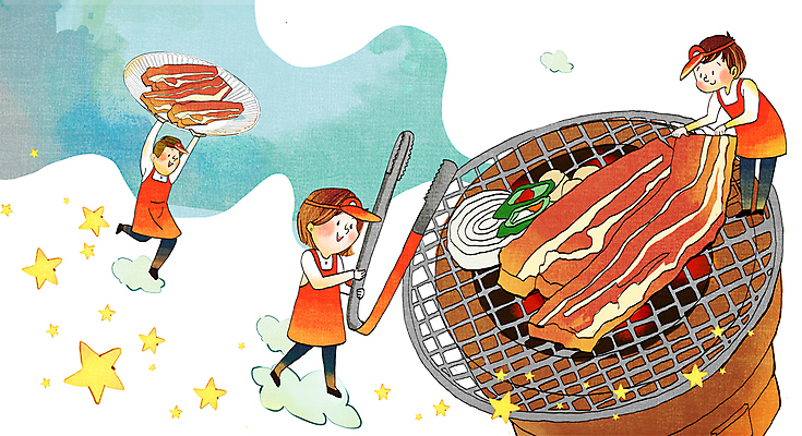 전신 PSD 구름 여자 남자 별 유니폼 일러스트 고추 양파 집게 육류 서기 들기 성인 세명 달리기 앞치마 그릴 굽기 종업원 직원 불판 화로 아르바이트 성인만 고깃집 국내일러스트 자연요소 직업 그릇 옷 채소 식재료 모션 주방용품 사람 식당 구이 파일형식