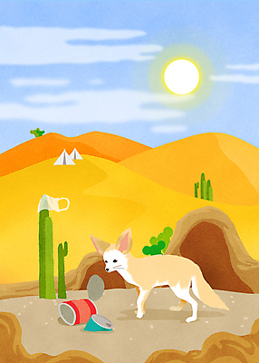 PSD 구름 한마리 응시 일러스트 하늘 비닐봉투 선인장 사람없음 태양 사막 환경오염 오염 동굴 캔 쓰레기 멸종 멸종위기동물 사막여우 생태계파괴 인디언텐트 국내일러스트 멸종위기종 자연요소 식물 동물 1 시선 컨셉 봉투 텐트 여우 파일형식