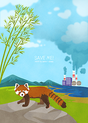 PSD 구름 한마리 일러스트 공장 하늘 산 사람없음 바위 환경오염 오염 연기 대나무 멸종 멸종위기동물 공장굴뚝 공장시설 레서판다 생태계파괴 폐수 폐수방류 국내일러스트 멸종위기종 자연요소 나무 동물 1 컨셉 포유류 공업 돌_바위 시설 파일형식