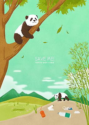 PSD 나무 구름 두마리 일러스트 하늘 나뭇잎 산 매달리기 사람없음 초록색 캔 쓰레기 판다 대나무 페트병 멸종 멸종위기동물 벌목 생태계파괴 국내일러스트 멸종위기종 자연요소 식물 동물 컬러 잎 2 곰 모션 병_담는 파일형식