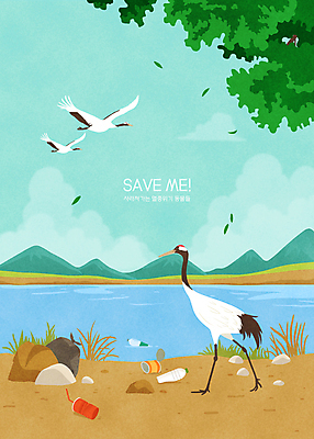 PSD 구름 일러스트 하늘 나뭇잎 산 세마리 사람없음 강 학 돌_바위 비행 환경오염 오염 캔 쓰레기 강가 페트병 멸종 멸종위기동물 생태계파괴 국내일러스트 멸종위기종 자연요소 동물 컨셉 잎 조류 3 병_담는 파일형식