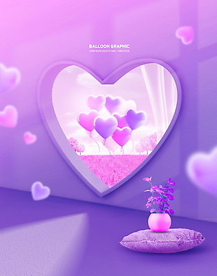 PSD 나무 편집이미지 화분 쿠션 그래픽백그라운드 창문 하늘 그림자 사람없음 보라색 하트 비행 커튼 떠있는 하트풍선 이미지편집 모양 식물 컬러 백그라운드 모션 그래픽 풍선 파일형식