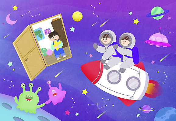 전신 PSD 여자 남자 별 어린이 일러스트 안기 상상 서기 앉기 소녀 소년 세명 문 우주 손잡기 별자리 행성 로켓 우주비행사 외계인 승차 우주선 UFO 손인사 어린이상상 우주복 어린이만 국내일러스트 자연요소 옷 모션 사람 미확인물체 인사 파일형식