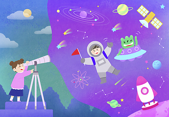 전신 PSD 여자 남자 별 어린이 일러스트 상상 서기 들기 소녀 소년 두명 우주 망원경 별자리 행성 인공위성 로켓 우주비행사 외계인 깃발 유성 우주선 손인사 어린이상상 우주복 태양계 어린이만 국내일러스트 자연요소 옷 통신 모션 사람 미확인물체 인사 파일형식