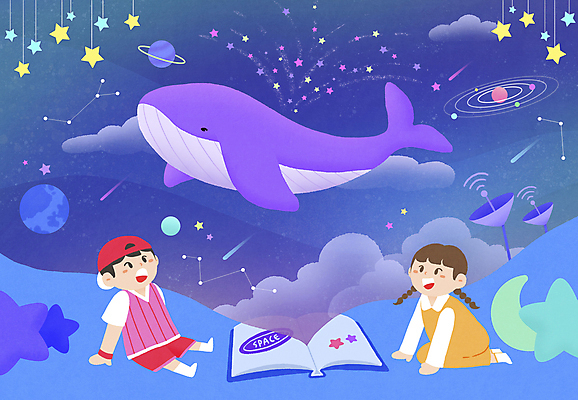 전신 PSD 구름 여자 남자 별 어린이 일러스트 상상 앉기 소녀 소년 두명 책 우주 별자리 행성 달 유성 고래 어린이상상 태양계 접시안테나 어린이만 국내일러스트 자연요소 포유류 모션 안테나 사람 수중동물 파일형식