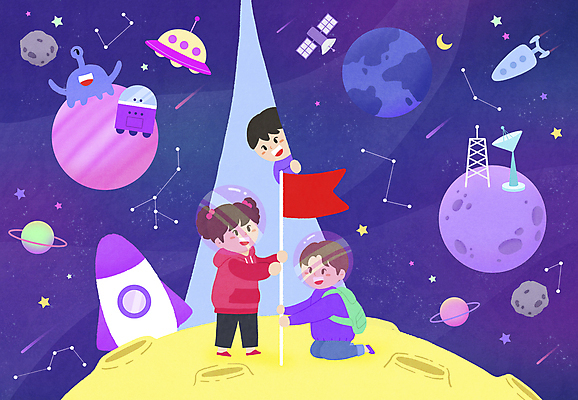 전신 PSD 응시 여자 남자 별 지구 어린이 일러스트 상상 앉기 소녀 소년 상반신 세명 우주 보라색 별자리 행성 인공위성 로켓 우주비행사 외계인 달 깃발 잡기 커튼 유성 우주선 UFO 우주복 꽂음 어린이만 국내일러스트 자연요소 시선 옷 컬러 통신 모션 사람 미확인물체 파일형식