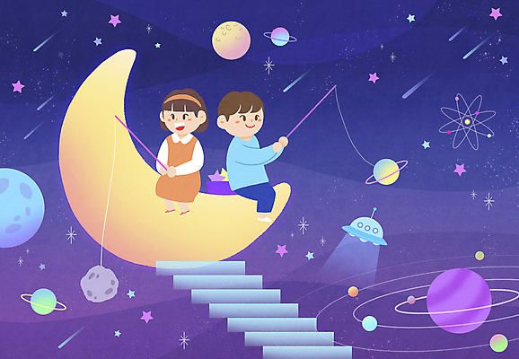전신 PSD 여자 남자 별 어린이 일러스트 상상 낚시 매달리기 들기 앉기 소녀 소년 두명 우주 계단 보라색 별자리 행성 낚싯대 초승달 유성 우주선 UFO 어린이만 국내일러스트 자연요소 컬러 모션 레저 사람 미확인물체 달 낚시용품 파일형식