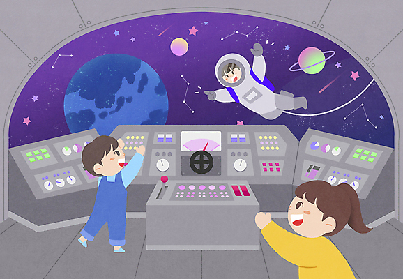 전신 PSD 여자 남자 별 지구 어린이 일러스트 상상 서기 소녀 소년 상반신 내부 세명 우주 별자리 행성 회색 우주비행사 가리킴 인사 우주선 어린이상상 우주복 운전석 어린이만 국내일러스트 자연요소 옷 컬러 모션 사람 손짓 예절 파일형식