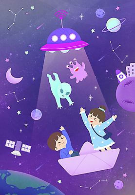 PSD 여자 남자 별 지구 어린이 일러스트 상상 서기 소녀 소년 상반신 두명 건물 우주 보라색 별자리 행성 인공위성 로켓 외계인 달 우주선 UFO 종이배 손인사 어린이상상 손뻗기 어린이만 국내일러스트 자연요소 건축물 컬러 통신 모션 사람 미확인물체 인사 종이접기 파일형식
