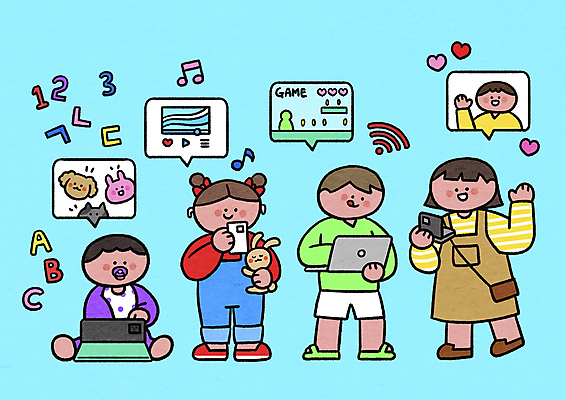전신 PSD 여자 어린이교육 남자 어린이 하늘색 말풍선 인터넷 일러스트 모바일 들기 소녀 소년 여러명 노트북 스마트폰 태블릿 디지털 성장 하트 아기 토끼 손인사 무선이어폰 영상통화 알파세대 국내일러스트 모양 교육 이어폰 다수 포유류 모션 사람 파란색 전자제품 핸드폰 스마트기기 반려동물 인사 통화 세대 파일형식