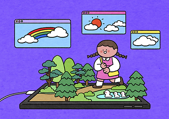 PSD 나무 구름 여자 어린이 무지개 일러스트 모바일 오리 세마리 한명 소녀 스마트폰 태블릿 태양 걷기 디지털 모니터 보라색 체험 가상공간 소녀한명만 알파세대 국내일러스트 자연요소 식물 1 컬러 컨셉 모션 조류 3 사람 전자제품 핸드폰 스마트기기 컴퓨터 세대 여자한명만 소녀만 파일형식