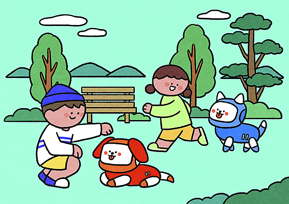 전신 PSD 나무 공원 여자 남자 어린이 엎드리기 벤치 일러스트 모바일 소녀 소년 두명 달리기 디지털 산책 웅크림 민트색 어린이만 로봇강아지 알파세대 국내일러스트 식물 공공시설 컬러 의자 모션 휴식 사람 로봇 세대 파일형식