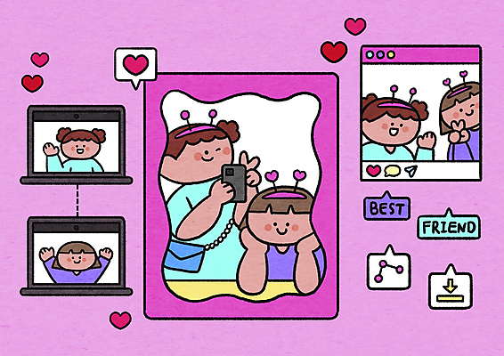 PSD 여자 어린이 분홍색 포즈 말풍선 가방 일러스트 모바일 들기 소녀 여러명 상반신 노트북 스마트폰 손들기 디지털 턱괴기 하트 인사 머리띠 셀프카메라 브이 소셜네트워크 영상통화 화상통화 소녀만 알파세대 국내일러스트 모양 잡화 컬러 다수 장신구 모션 사람 손짓 전자제품 핸드폰 스마트기기 사진촬영 예절 통화 세대 여자만 어린이만 파일형식