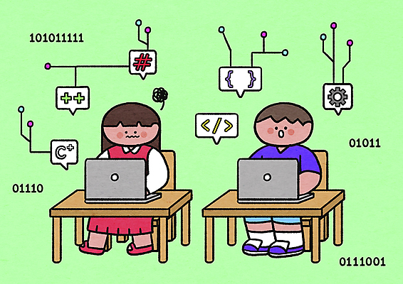 전신 PSD 여자 남자 어린이 말풍선 의자 일러스트 수업 모바일 앉기 소녀 소년 두명 초록색 노트북 디지털 책상 이진법 이진수 컴퓨터교육 컴퓨터수업 어린이만 코딩 알파세대 국내일러스트 교육 컬러 가구 모션 사람 전자제품 수학 세대 파일형식