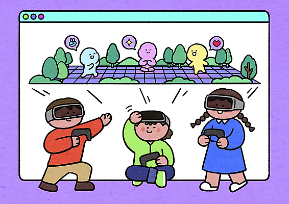 전신 PSD 여자 남자 말풍선 일러스트 모바일 서기 들기 앉기 소녀 소년 세명 디지털 보라색 게임기 온라인 가상공간 게임캐릭터 가상현실 VR기기 메타버스 알파세대 국내일러스트 일러캐릭터 캐릭터 어린이 컬러 모션 사람 기계 세대 파일형식