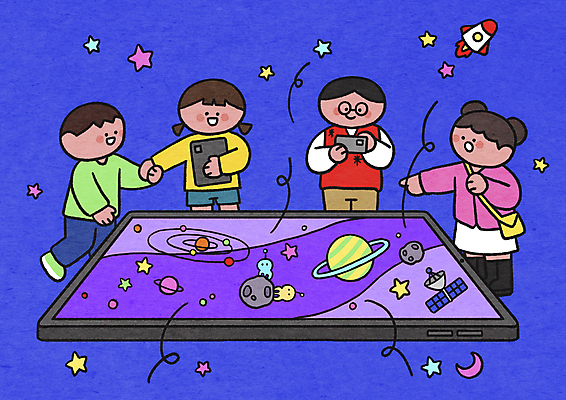 전신 PSD 응시 여자 남자 별 어린이 일러스트 모바일 서기 들기 소녀 소년 여러명 상반신 스마트폰 태블릿 우주 디지털 손잡기 행성 인공위성 로켓 외계인 달 가리킴 가상공간 가상현실 어린이만 안경낌 알파세대 국내일러스트 자연요소 시선 안경 다수 통신 모션 사람 손짓 전자제품 핸드폰 스마트기기 미확인물체 세대 파일형식