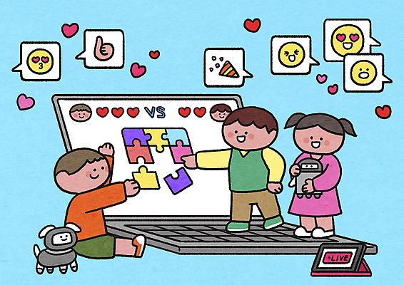 전신 PSD 여자 남자 어린이 하늘색 말풍선 일러스트 모바일 서기 들기 앉기 소녀 소년 세명 노트북 스마트폰 디지털 게임 하트 퍼즐 로봇 퍼즐조각 이모티콘 소통 라이브 어린이만 로봇강아지 스트리밍 알파세대 국내일러스트 모양 조각 컨셉 모션 놀이 사람 파란색 전자제품 핸드폰 스마트기기 방송 세대 파일형식