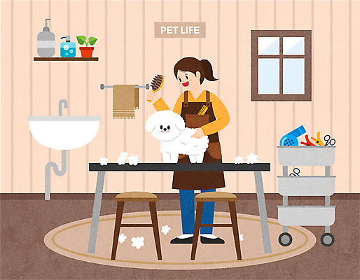 전신 한마리 여자 반려견 일러스트 창문 한명 서기 들기 성인 일상 반려동물 앞치마 강아지 미용실 드라이어 미용가위 베이지색 애견미용 애견미용사 애견빗 애견샵 성인여자한명만 비숑프리제 트롤리 국내일러스트 AI파일 동물 1 컬러 모션 가위_도구 사람 라이프 뷰티 수레 미용용품 개 뷰티샵 미용사 애견용품 여자한명만 성인여자만 파일형식 벡터