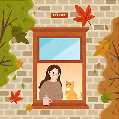 나무 한마리 응시 여자 커피 낙엽 일러스트 창문 한명 상반신 성인 일상 반려동물 갈색 고양이 턱괴기 머그컵 가을 흉내 앞발든 성인여자한명만 반려묘 국내일러스트 AI파일 식물 동물 1 시선 계절 음료 컬러 잎 포유류 모션 사람 라이프 컵 여자한명만 성인여자만 파일형식 벡터