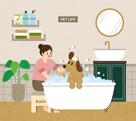 전신 한마리 여자 반려견 의자 일러스트 욕조 한명 앉기 성인 일상 반려동물 목욕 거품 욕실 강아지 세면대 화장실 성인여자한명만 씻겨주기 애견샴푸 국내일러스트 AI파일 동물 1 가구 모션 사람 라이프 청결 개 애견용품 여자한명만 성인여자만 파일형식 벡터