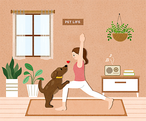 전신 한마리 여자 화분 반려견 일러스트 요가 창문 한명 성인 일상 반려동물 운동 마주보기 스피커 요가자세 매트 하트 강아지 베이지색 앞발든 성인여자한명만 국내일러스트 AI파일 모양 동물 1 웰빙 컬러 음향기기 포즈 모션 건강 사람 라이프 개 여자한명만 성인여자만 파일형식 벡터